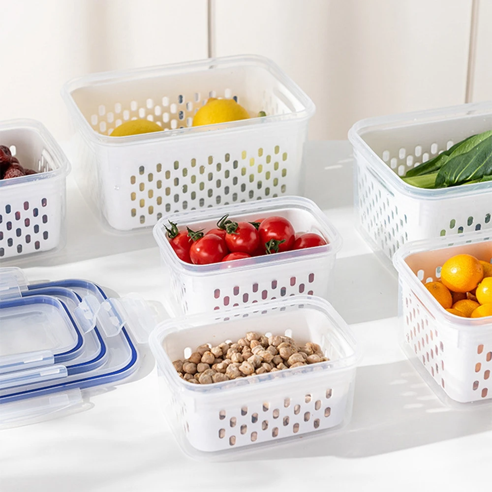 Double Drain Basket Microwave Frozen Crisper Fruit And Vegetable Refrigerator Storage Container Drain Fresh Container