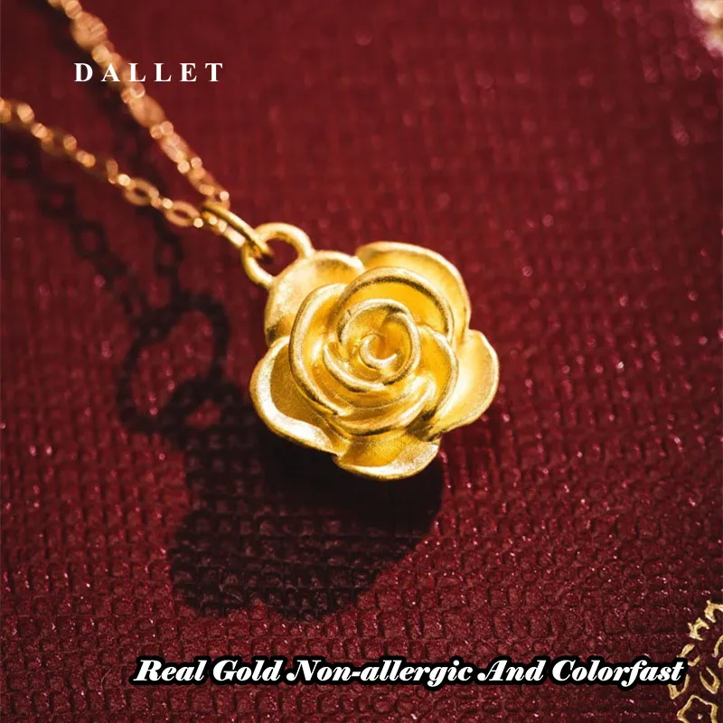 Imagem -05 - Dallet-colar com Pendentes Rosa Ouro Puro para Mulher 999 Ouro 24k Romântico Simples Luxo Joias Originais Presente de Aniversário