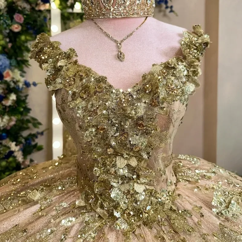 Vestidos de baile lantejoulas com grânulo de aplique, fora do ombro, Bling Bling, champanhe, dourado, vestido Quinceanera, trem tribunal, 15 anos