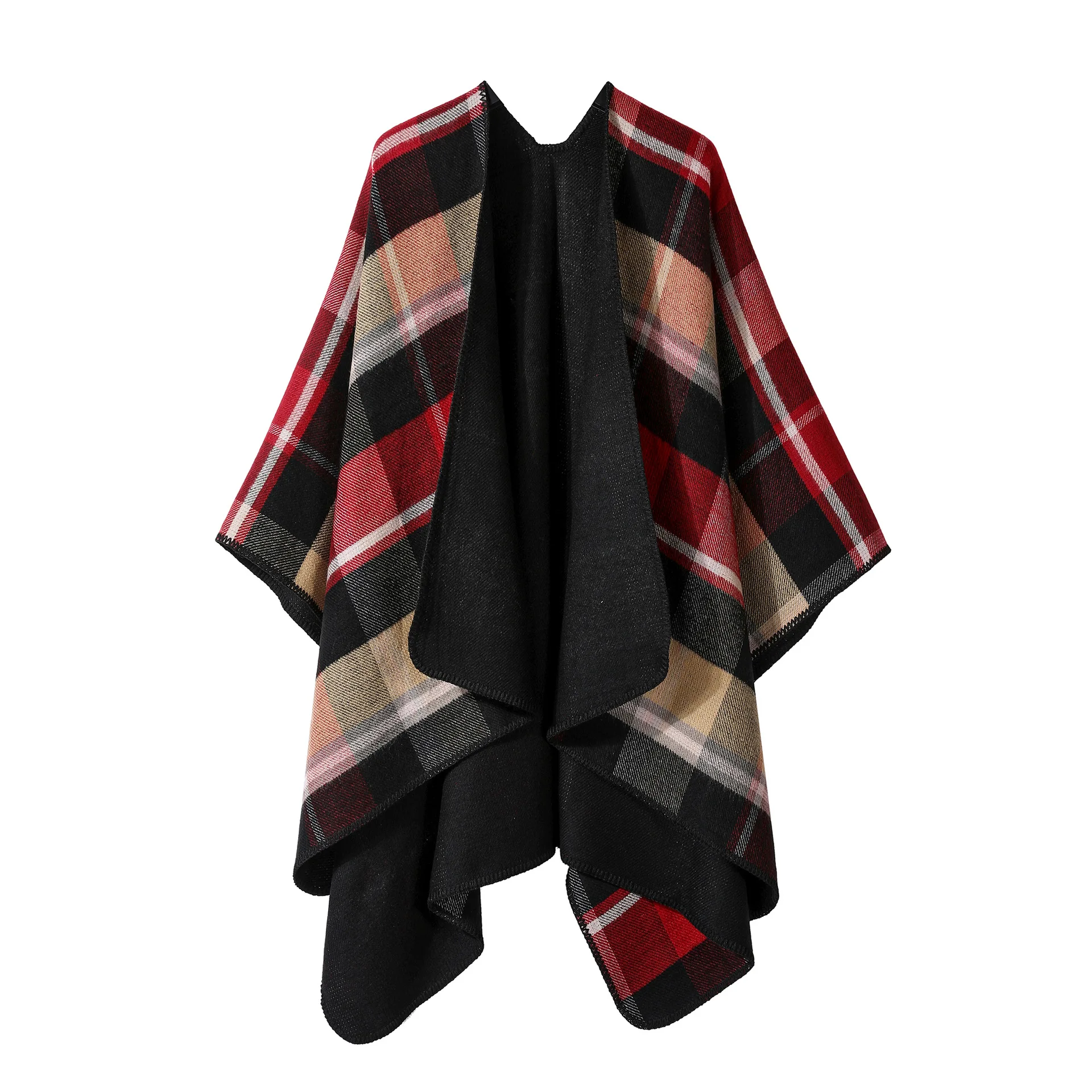 

Checker Knitted Shawl Women Warm Autumn Winter Reversible Cloak Geometric Pattern Poncho Lady Capes Red Cloaks