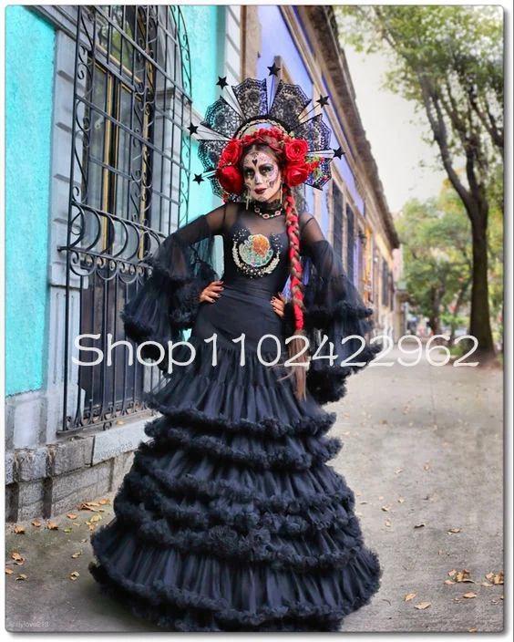 Black Mexican Culture Evening Dresses Long Sleeve Clound Ruffles Skirt Full length Prom Gown Catrina of Los Angeles customsized