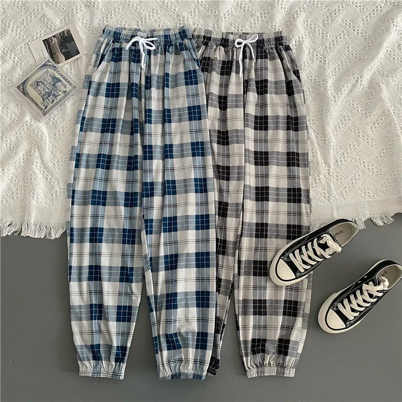 Pantaloni Donna Nuovo Mazzo di piedi Moda Sciolto Plaid nero Estate Harajuku Studenti Streetwear Harem Pantaloni lunghi Donna Chic