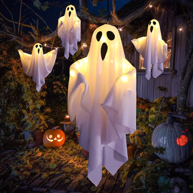 1U-DIY White Ghost Halloween Decoration LED Hanging Light Emitting Styling Light Horror Indoor Party Decoration Atmosphere Light