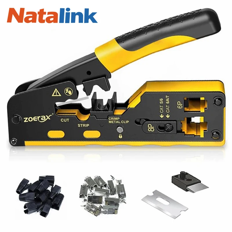 Natalink Pass Through RJ45 Crimp Tool with 10PCS Cat7 Connectors and Strain Relief Boots, Ethernet Wire Cutter Crimper