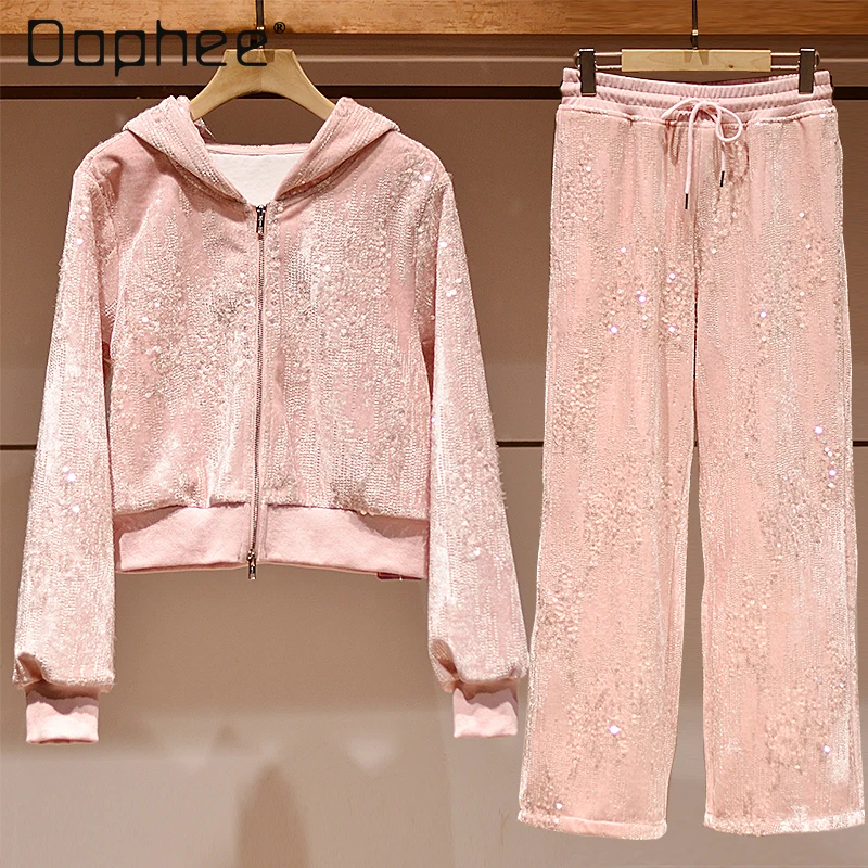 

Casual Versatile Sequin Patchwork Sets Autumn Korean Sweet Hooded Zipper Sweatshirt Elastic Waist Long Pants Two-Piece Set Women