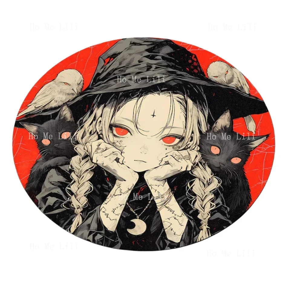 Gothic Anime Witch Round Rug Cute Owls Kitties Anime Manga Rug Witchy Magic Carpet Anime Monster Summoner Round Floor Mat