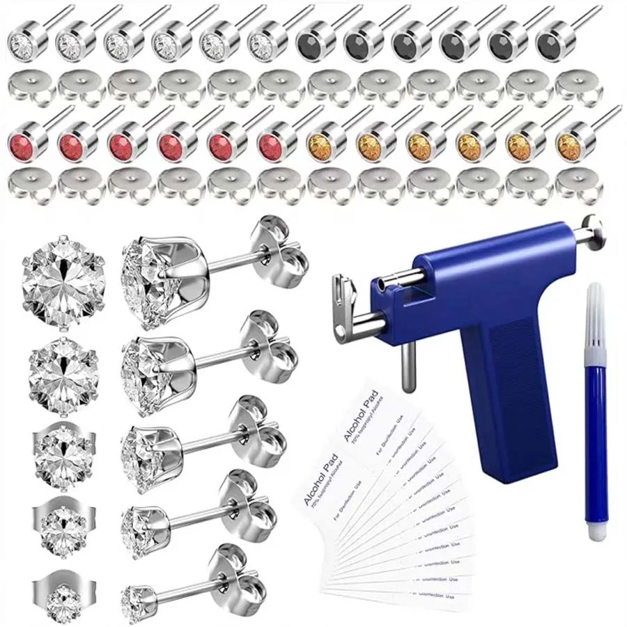 1Set Stainless Steel Ear Piercing Gun-with 12 Pairs Ear Studs & 5 Pairs Crown Earrings-Safety Professional Earings Piercing