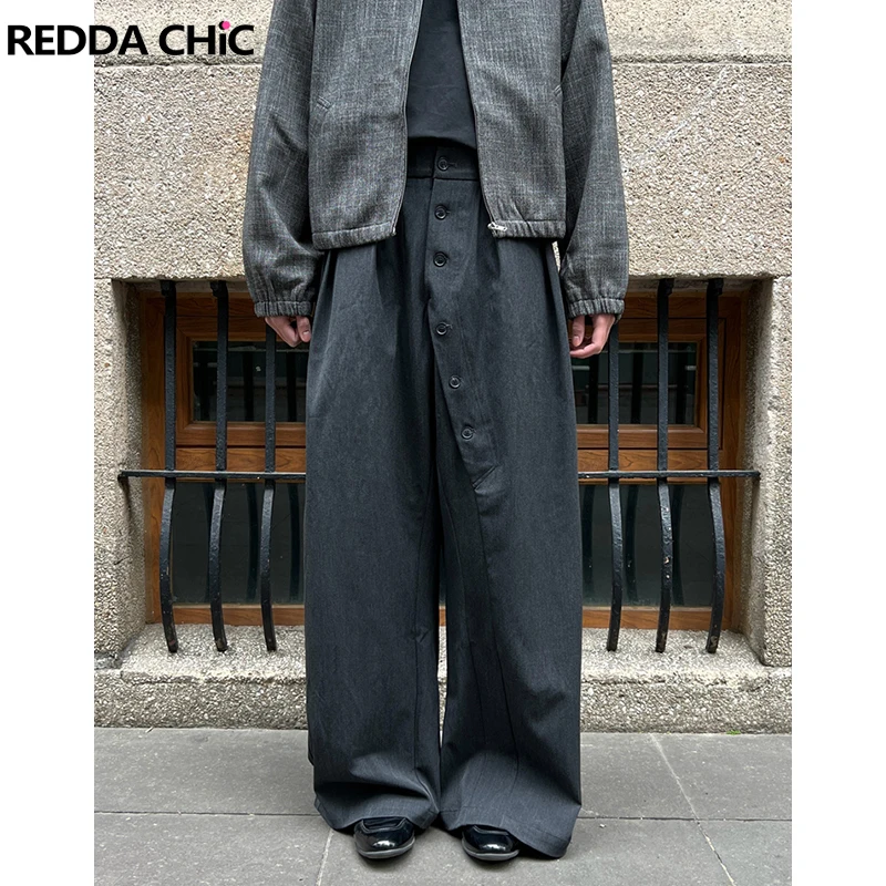 REDDACHIC Men Button Decor Black Wide Suit Pants Elastic Waist Pleated Front Loose Casual Trousers Cleanfit Office Lady Clothes