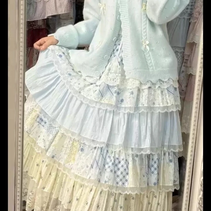 Asymmetrical Vintage Patchwork Sweet Fairy Cake Skirt France Elegant Flowers Loose Fit Skirts Aesthetic Princess Casual Clothing