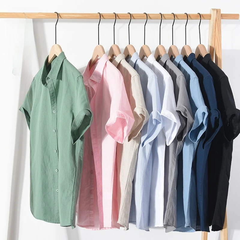Neues Herren-Freizeithemd mit Stehkragen, Sommer, einfarbig, Kurzarm, Leinen, trendig, atmungsaktiv, locker, Jugend-Basic-Oberteil mit Tasche