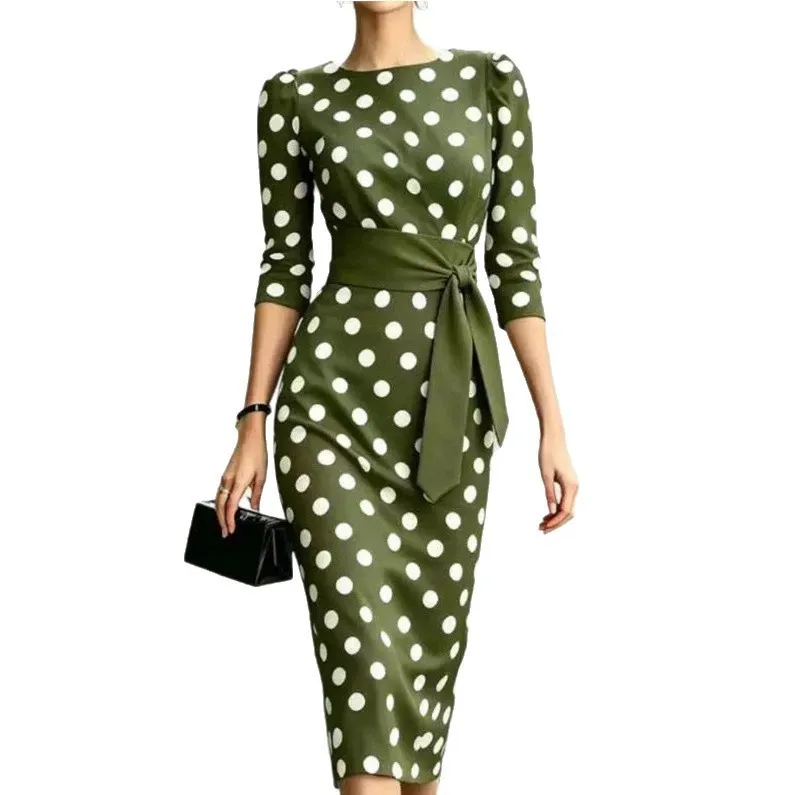 Summer Woman Dress Polka Dot Short Sleeve Dresses Slim Fit Pullover Maxi Dress Red Polka Dot Belted Long Dress Women's Midi - view 2