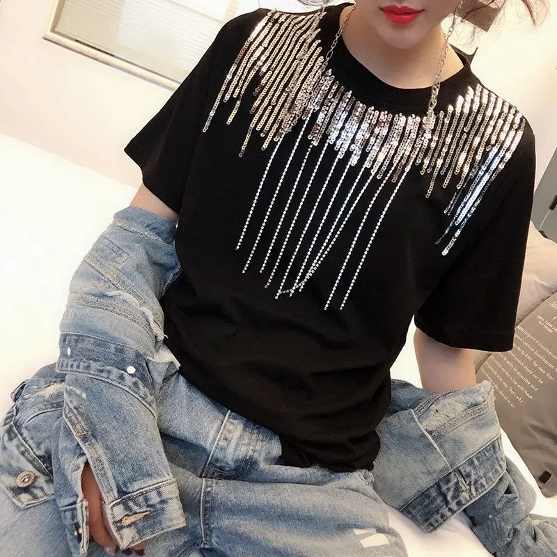 

Luxury Heavy Beading Sequined Patchwork Women Tops O-Neck Short Sleeve Bling Blouse New Summer See-through Thin Shirts Trendy