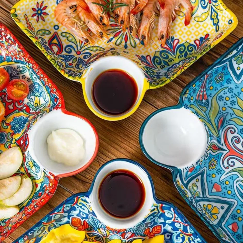 Bohemian dumpling plate with vinegar dish, household ceramic plate, segmented breakfast plate, high-end dumpling-specific plate view 6