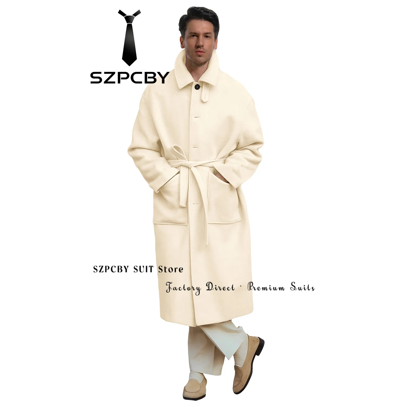 Men's Casual Stand Collar Winter Long Coat with Belt Overcoat Stylish Outerwear for Men