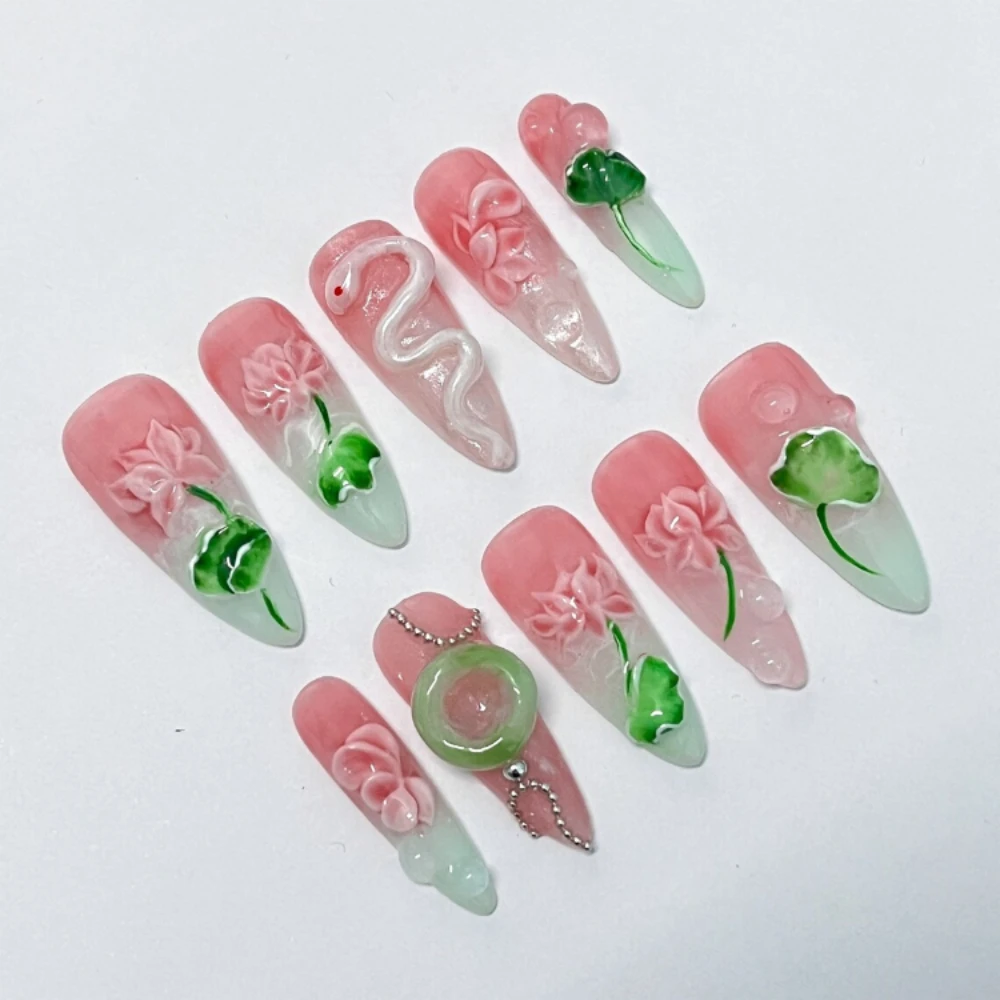 10Pcs Handmade Manicure Medium Almond Fake Nails New 3D Lotus Limited Nails Press On Nails Design with Adhesive Nail File Set