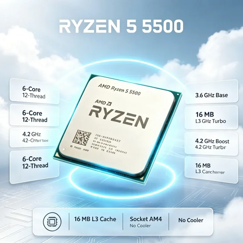 AMD Ryzen 5 5500 100‑000000457 OEM Tray CPU AM4 6‑Core 12‑Thread 4.2GHz Turbo 7nm Without Cooler