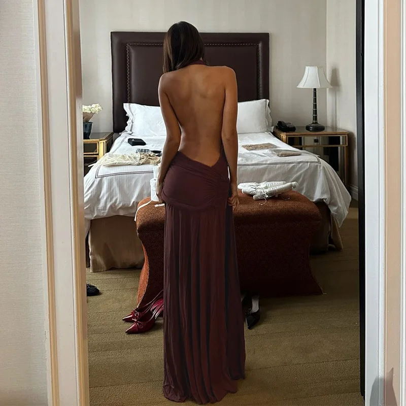 

DSMTRC Deep V Neck Dresses Sexy Summer Brown Long Vestidos Women Brown Beach Vacation Lace Up Robe Big Backless Split Maxi Dress