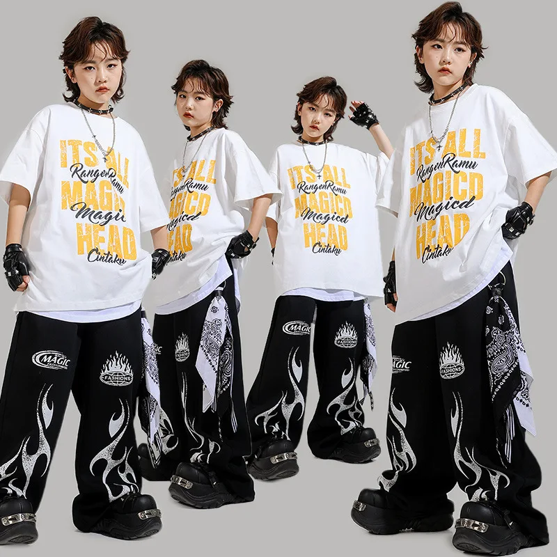

Kid Kpop Hip Hop Clothing White Letters T Shirt Black Casual Flame Wide Sport Sweat Pants for Girl Boy Jazz Dance Costume Clothe