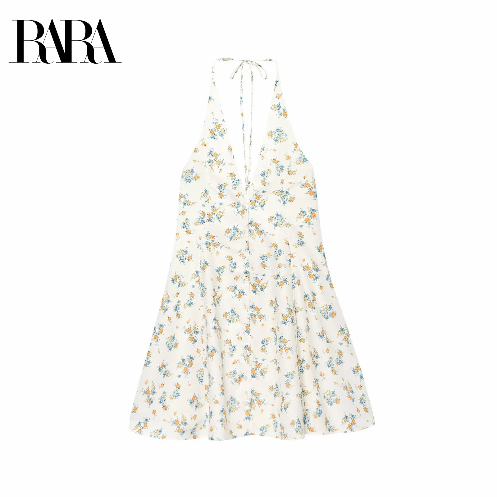 

RARA Women's Summer New Casual Elegant Sleeveless Off - Shoulder Halter Neck Floral Printed Mini Dress