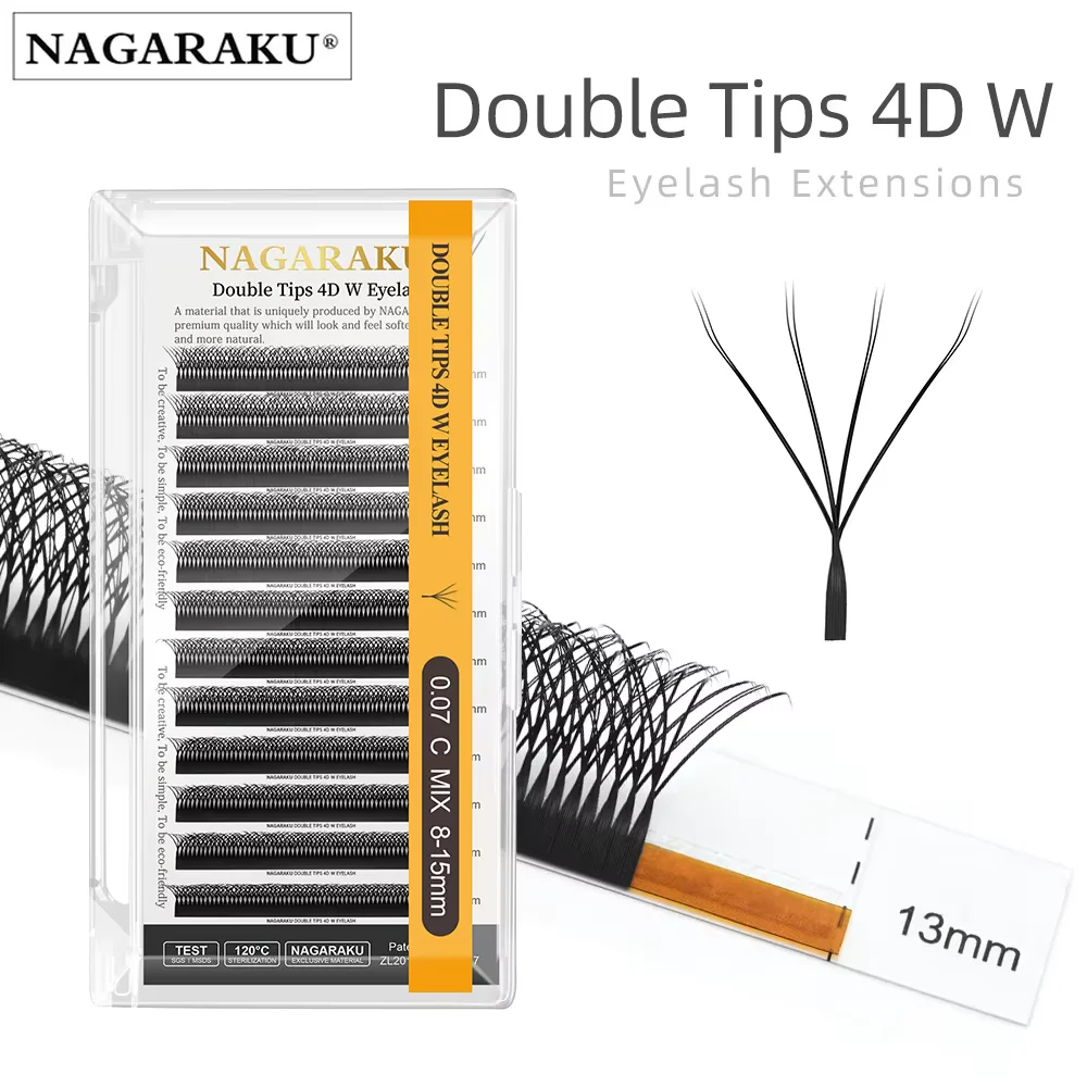 NAGARAKU Extensiones de pestañas en forma de doble punta 4D W, ventiladores prefabricados en blíster, 12 líneas/bandeja