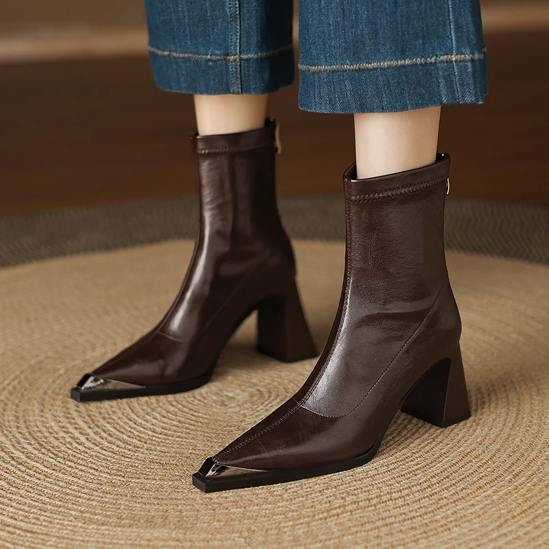2026 autumn winter women ankle boots 22-24.5cm stretch microfiber leather metal square toe high heel modern boots skinny boots