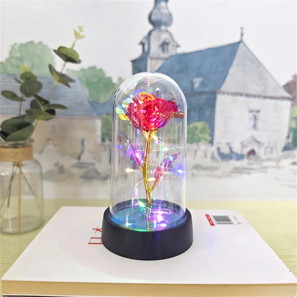 Führte Valentinstag Geschenk für Freundin ewige Rose Licht 24 Karat Goldfolie Blume in Glas abdeckung Muttertag Hochzeit Brautjungfer Geschenk