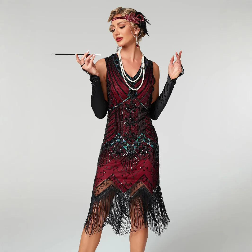

Women 1920s Vintage Great Gatsby Dress Sequins Dress V-Neck Tassels Bodycon Beaded Party Evening Dress Christmas Evening gown