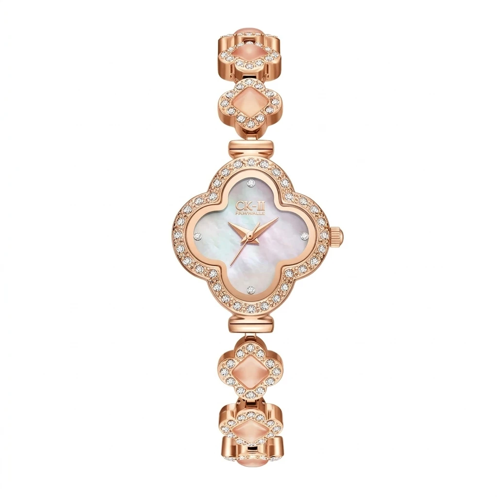 Mark Fairwhale Elegant Ladies Quartz Watch Four-leaf Clover Case MOP Dial Sparkling Crystal Chain Strap Female Wrist Watch