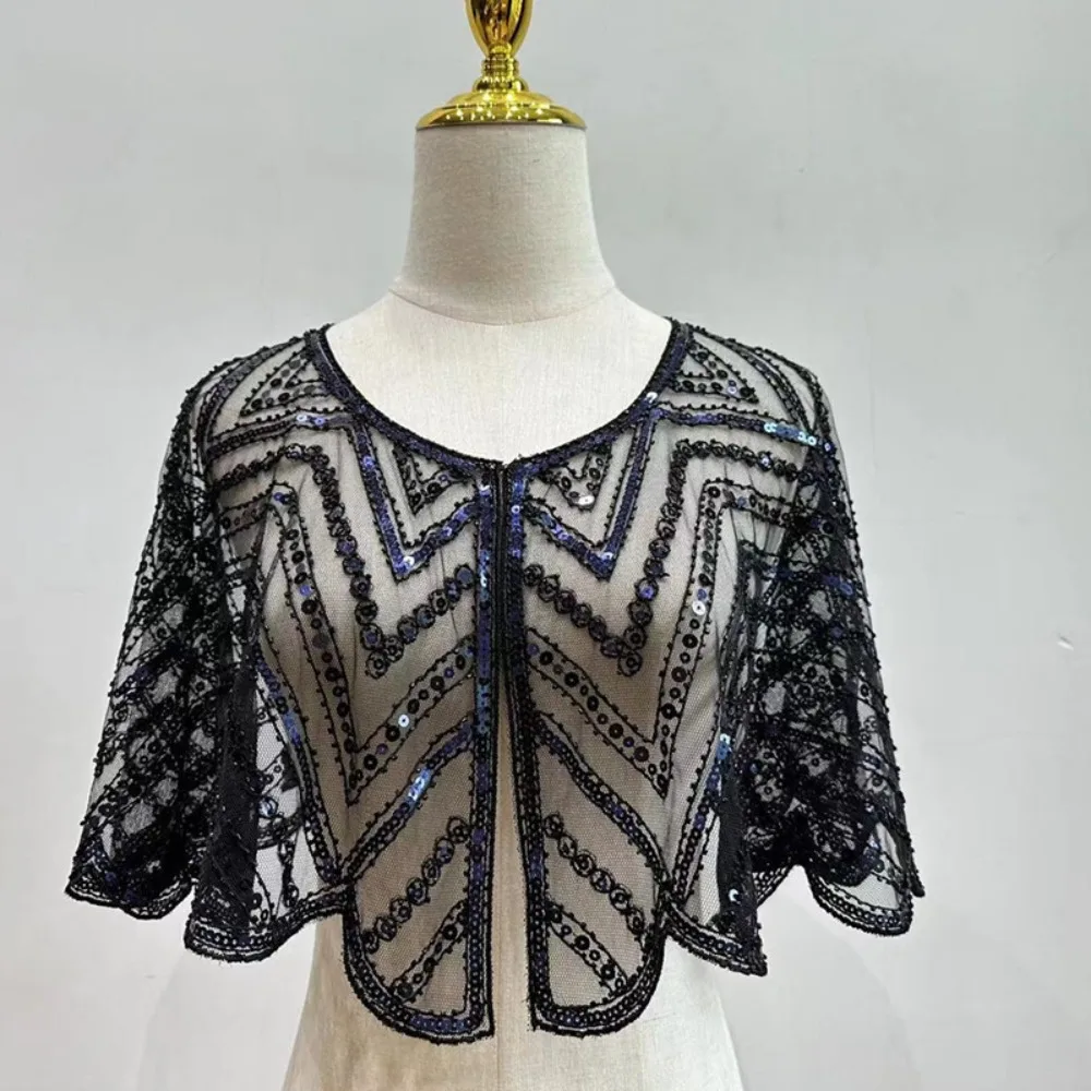 

Элегантная шаль в стиле 1920-х годов, с вышивкой, из дышащей сетки, с бисером, короткая, для вечеринок, женская