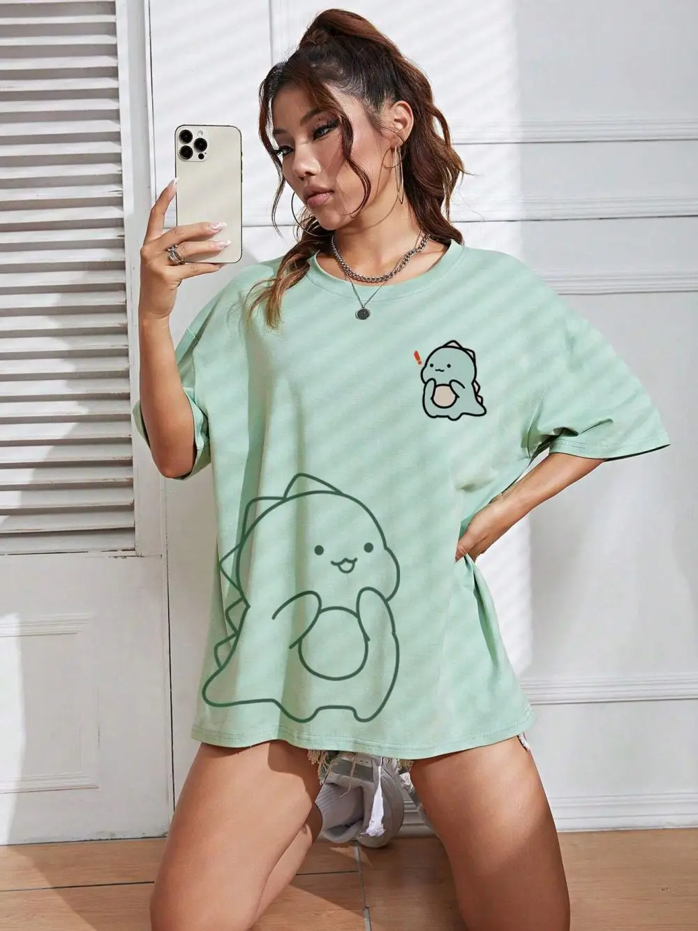 Korean Fashion Women Cotton T-shirt Kawaii Cartoons Little Dinosaur Printing Tee Summer Casual Comfortable Short Sleeve Clothes