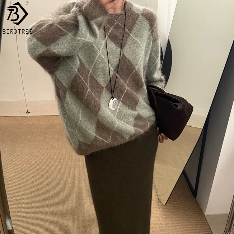 

Birdtree, пушистый вязаный свитер из 100% овечьей шерсти, женский трикотаж с круглым вырезом и длинными рукавами в ромбовидной сетке, осенний теплый пуловер T5O407JF