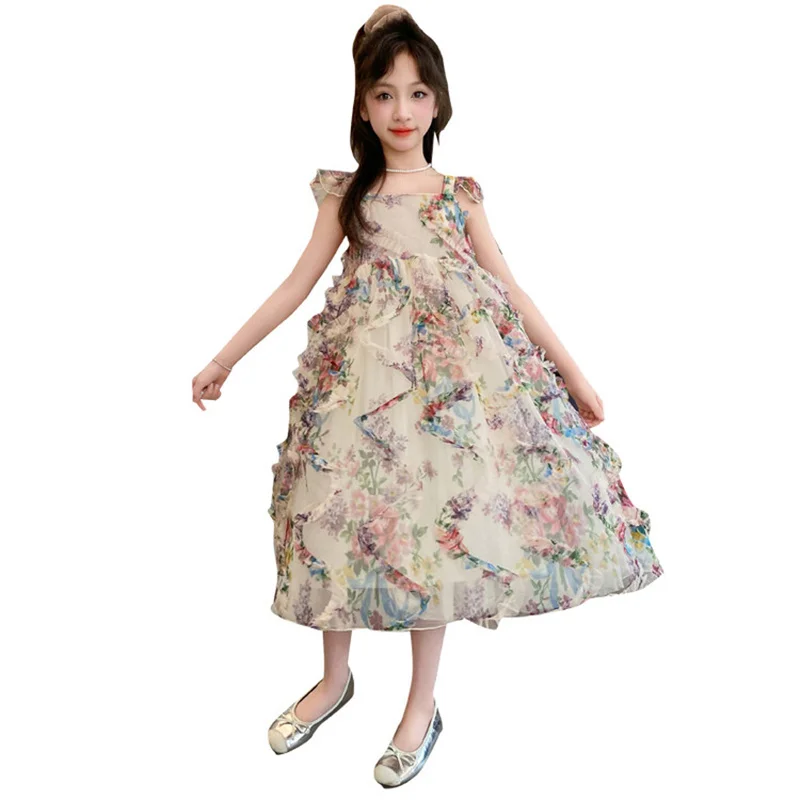 Girls summer dress 2024 new CuHK children Korean version 6-12 years old 15 year old little girl foreign style floral dress tide