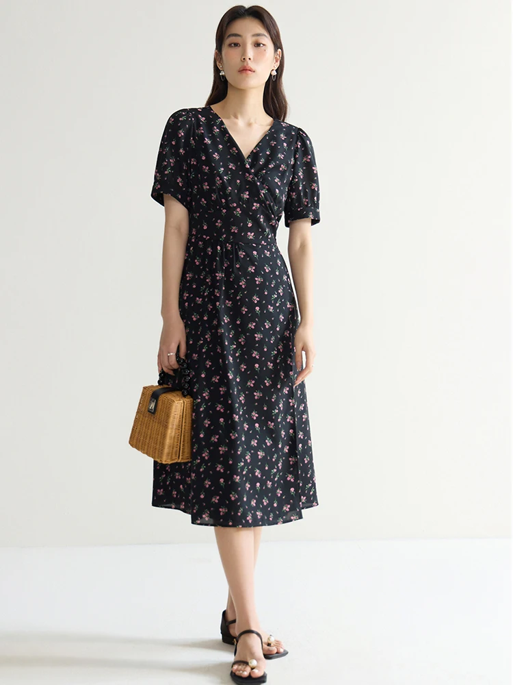 DUSHU French Dress Summer 2024 New Elegant Refreshing Floral Dress Black White Wave Point Women Boho Dresses 24DS82437