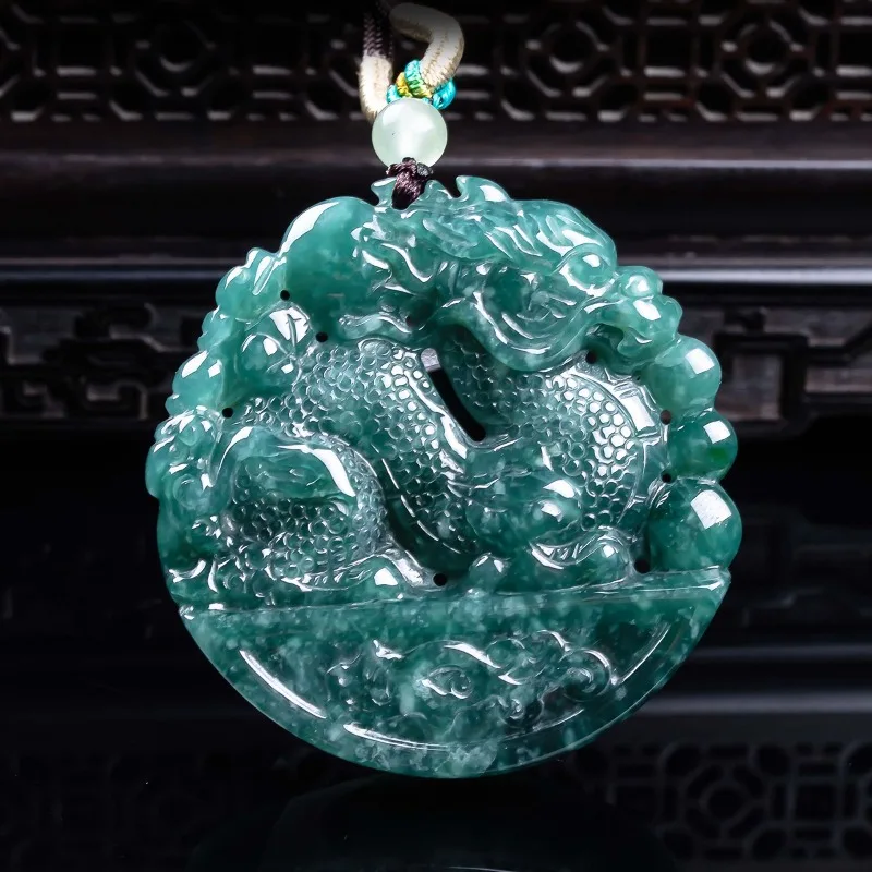 

High quality natural A-grade jadeite divine dragon protector, thickened hollow dragon brand exquisite jade high ice pendant