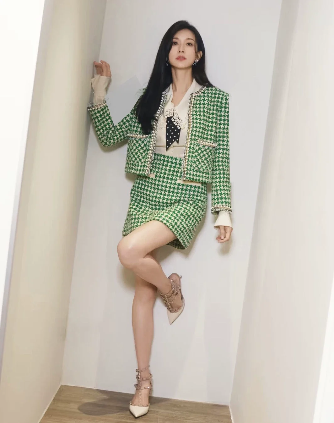 Luxury Women Tweed Two‑Piece Set Green Houndstooth Cropped Jacket Fashion Mini A‑Line Skirt Elegant Office Party Outfit