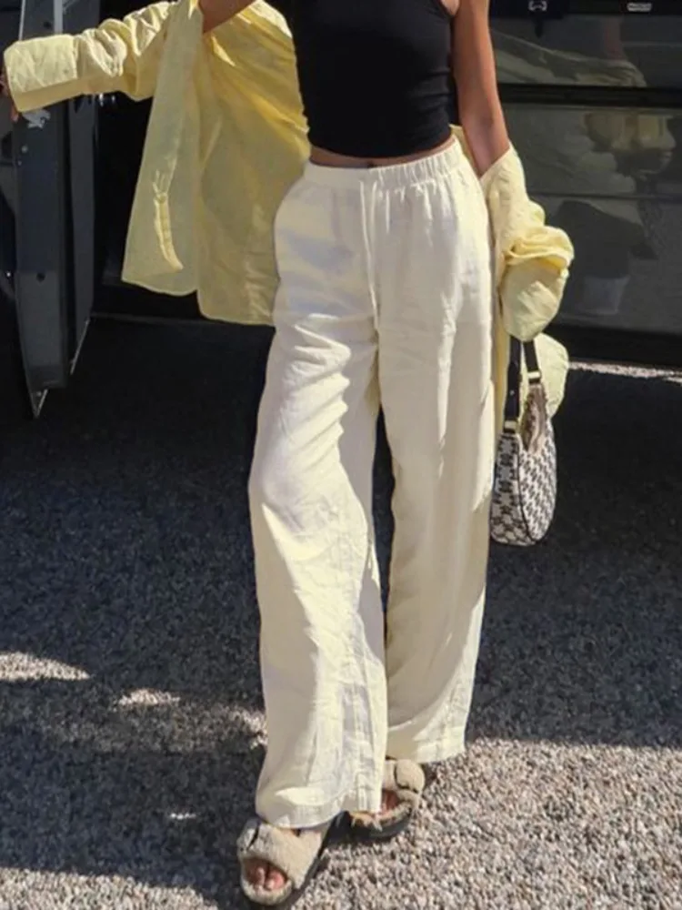 HOUZHOU Casual Basic White Pants Women Baggy Low Waist Straight Trousers Solid Color Thin Wide Leg Pantalones Ladies Summer