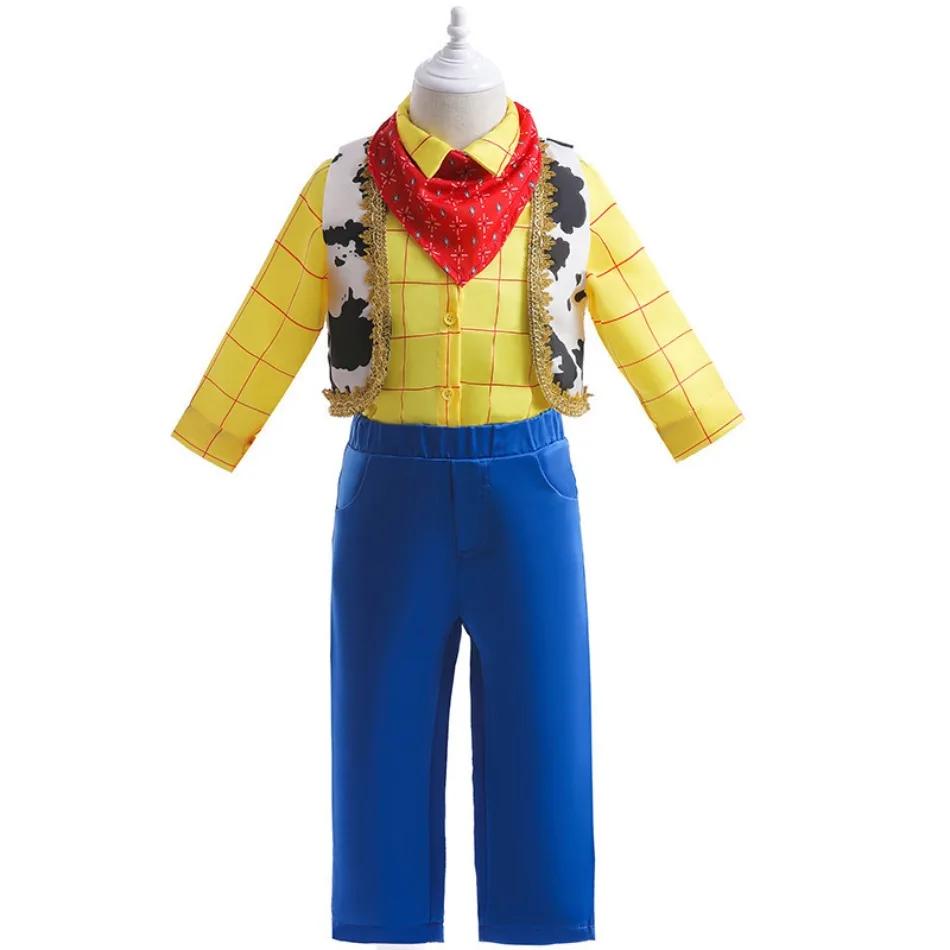 Kids Western Cowboy Costume Set Plaid Shirt Cow Print Vest Pants Bandana Boys Halloween Party Role Play Dress Up Outfit TAN06