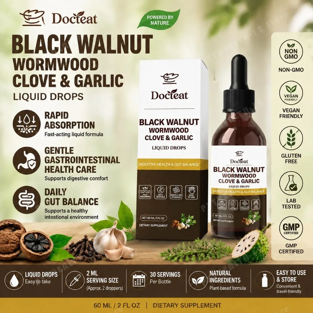 Docteat Black Walnut Wormwood Clove Garlic 10-in-1 Herbal Drops with Soursop - Digestive Health Gut Balance, 60ml Vegan Non-GMO