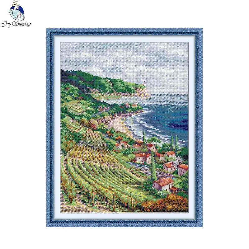 Joy Sunday Printed Canvas DIY Cross Stitch Complete Kits Landscapes Blue Coastline 11CT Cotton Thread Embroidery Kit Needlework