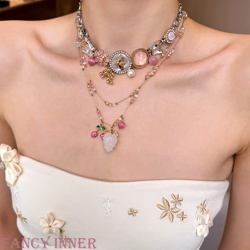 2026 New Necklace Pink Flowers Strawberry Pendant Cherry Choker Vintage Colorful Neck Accessaries for Women Girl Jewelry