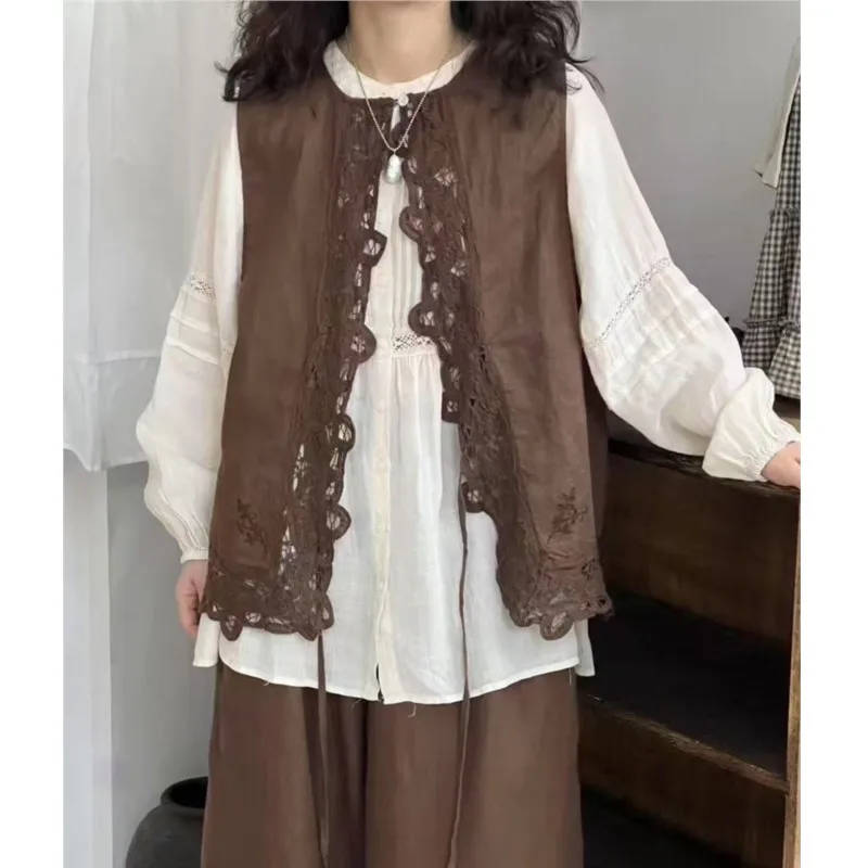 

Johnature льняной вышитый кружевной жилет в японском стиле, новый повседневный универсальный жилет спереди и сзади с круглым вырезом для женщин