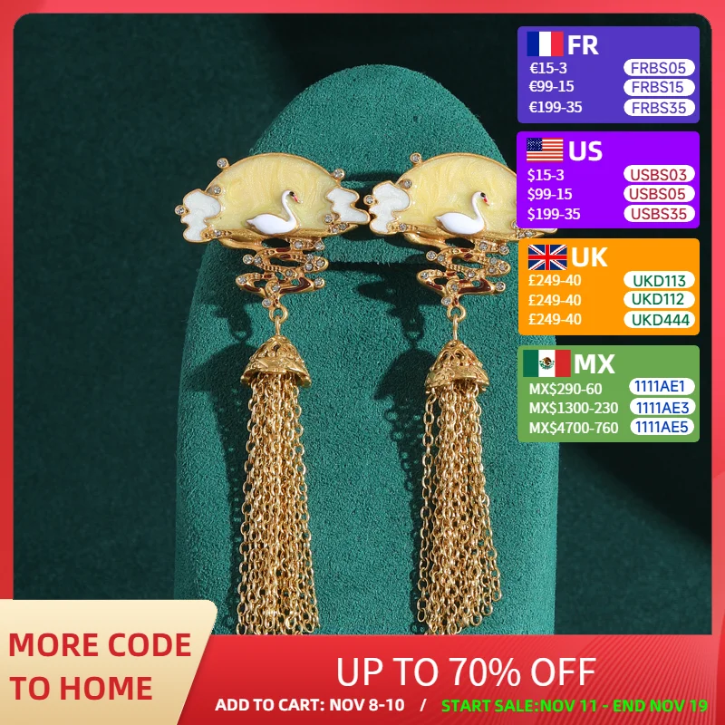 

Vintage Jewelry Semicircle Tassel Earrings With Chain Gold Color Red-Crowned Crane Woman Luxury Designer Antique Accessories