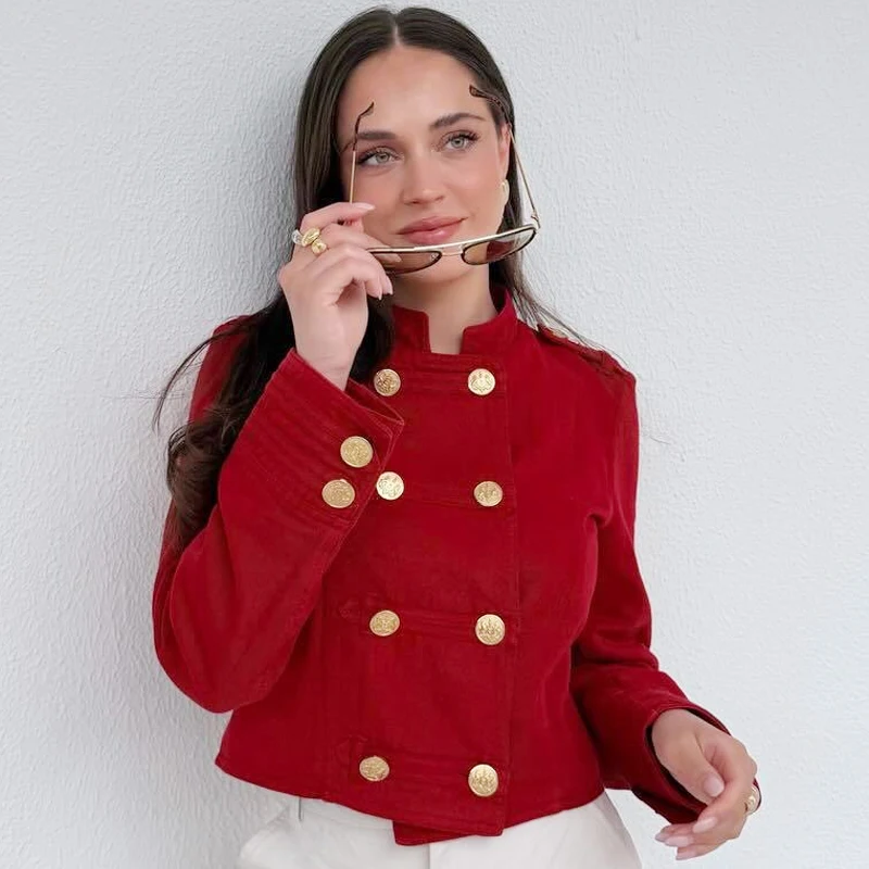 HXAO Rote Cropped-Jacke für Damen, Demi-Season 2026, elegante O-Ausschnitt-Jacke mit Doppelreihenknöpfen und langen Ärmeln, schicke Militär-Oberbekleidung – Detail 8