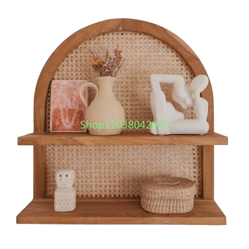 

manufacture bathroom nordic wooden wall mount decoration display floating double layer store storage hanging RATTAN wall shelf