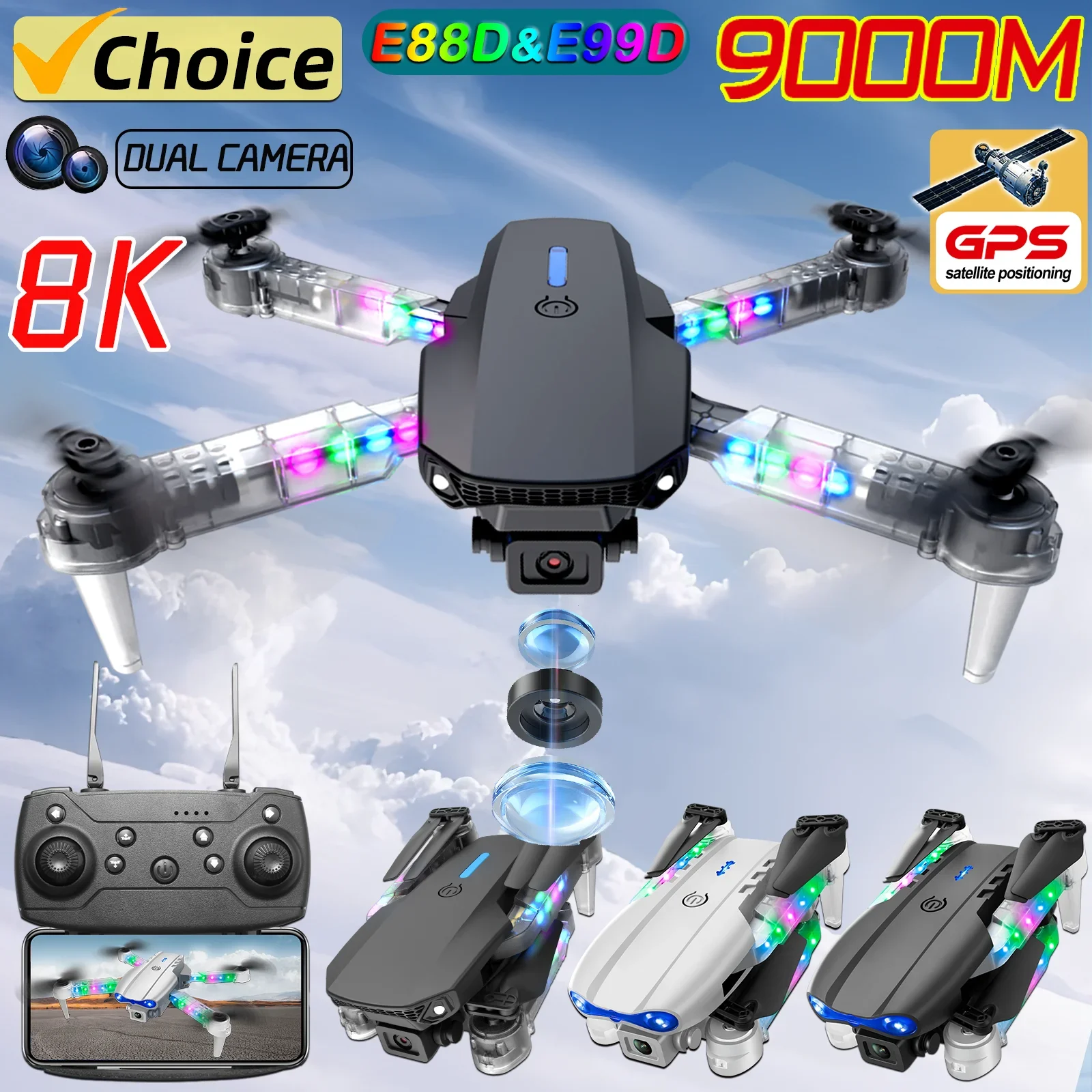 2024 E88D E99D RC Drone 4K Professinal Colorful Light With 1080P Wide Angle HD Camera WIFI FPV Quadcopter Height Hold Gift Toy