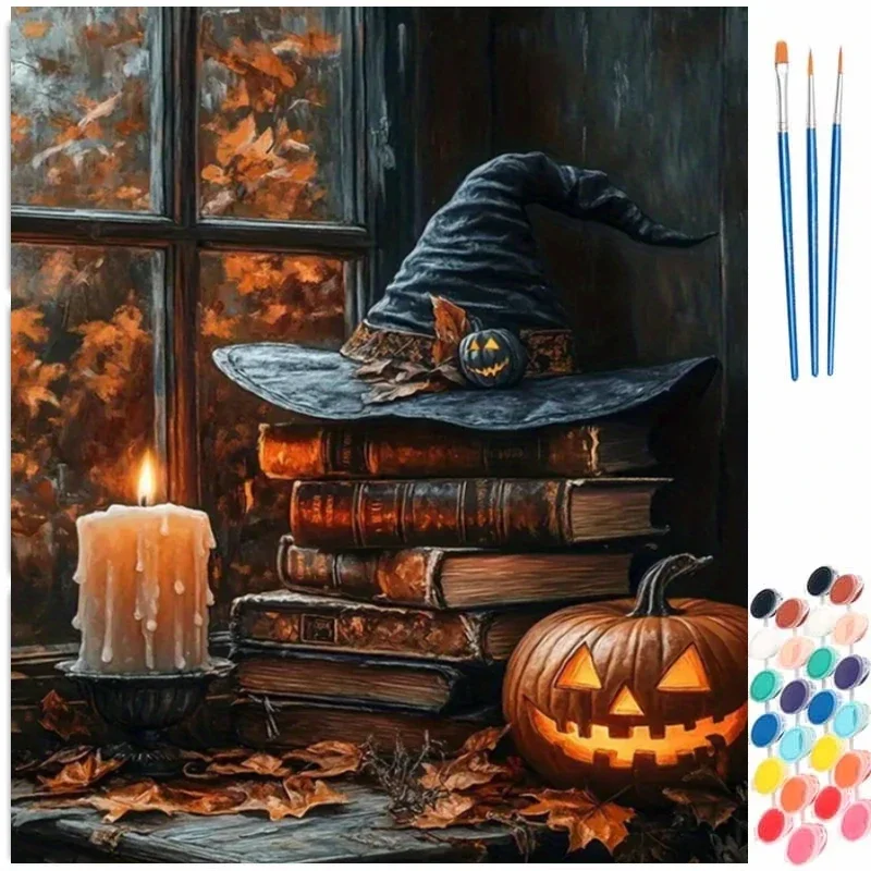 DIY Oil Painting By Numbers Kit Witch Hat Halloween Acrylic Paint By Numbers Diy Numbers Painting Art on Canvas By Numbers