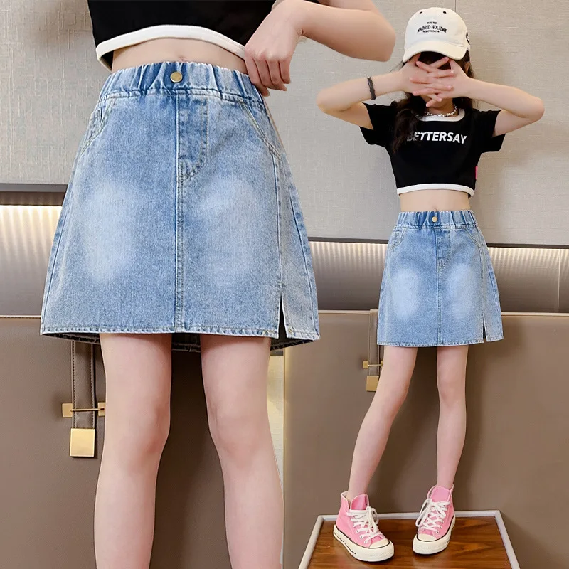Girls' Denim Skirt 2025 New Stylish Mid Size Children's Short Skirt Big Children's Summer Little Girls' Half Length Skirt 5-14Y