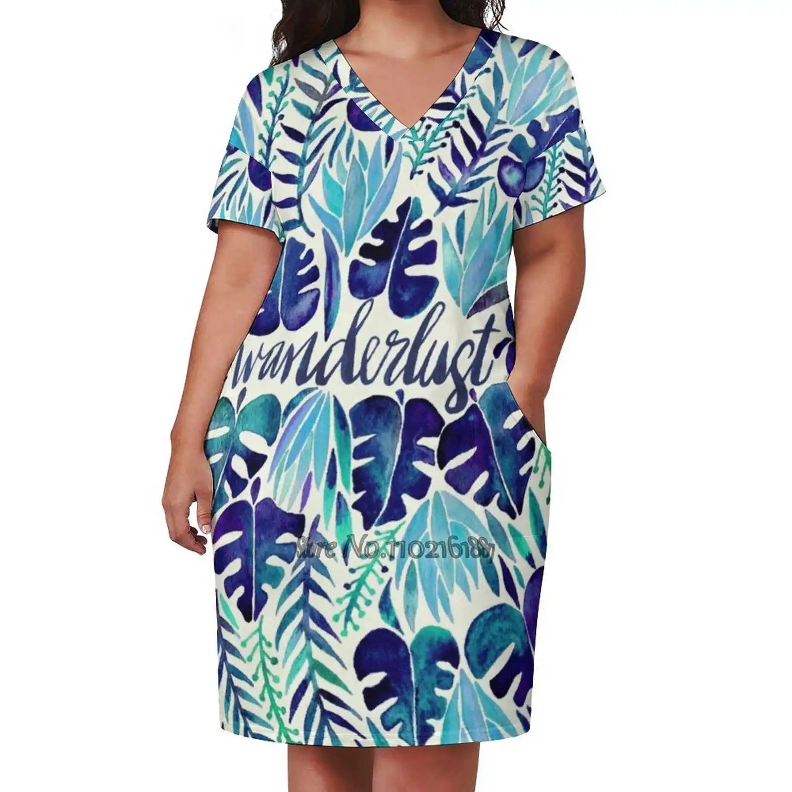 Tropical Wanderlust – Blue Sexy V-Neck Dress Fashion Casual Printed High Quality Short Sleeve Skirt 5Xl Tropical Wanderlust