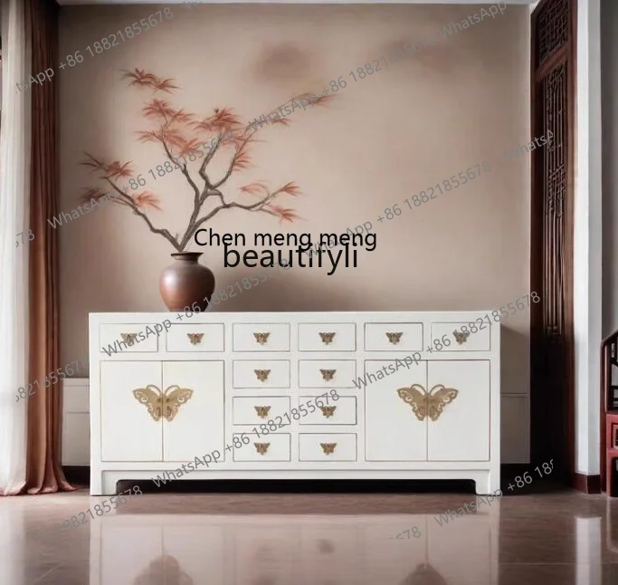 New Chinese-style white dining side cabinet solid wood retro living room decorative cabinet classical antique shoe cabinet
