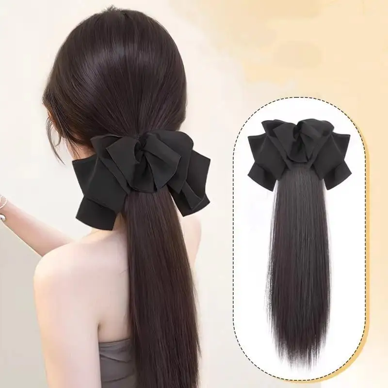 New Hepburn-style Bow-tie Straight Ponytail Wig Headwear Lazy Headband Braid Wig Clip Integrated Style Fluffy For Daily Wear